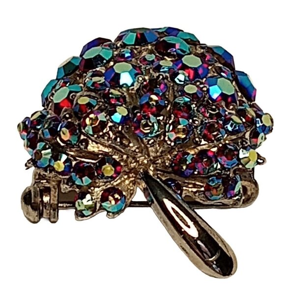 Vintage Red Aurora Borealis Rhinestones Encrusted Strawberry Brooch Silver Tone - Picture 4 of 11
